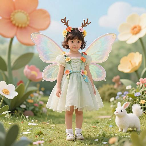 Photograph of a young Asian girl with short black hair, wearing a white dress, fairy wings, antler headband, and flower crown, standing