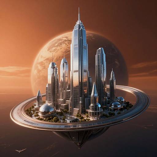 Digital CGI of futuristic city with towering, silver skyscrapers, circular road, domes, and a large, glowing orange planet in the background.