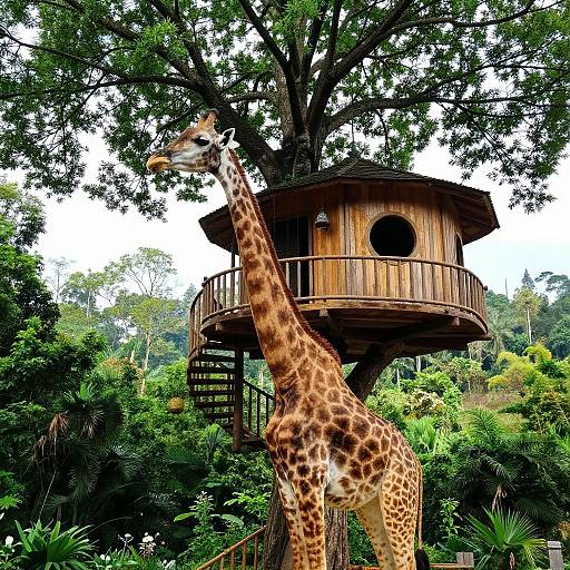 Photograph of a tall giraffe standing near a wooden treehouse with a circular window, surrounded by lush green foliage.
