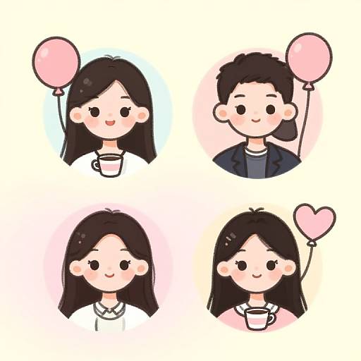 Cute digital drawing of four chibi-style characters with black hair, holding pink heart balloons, wearing white shirts, and smiling.