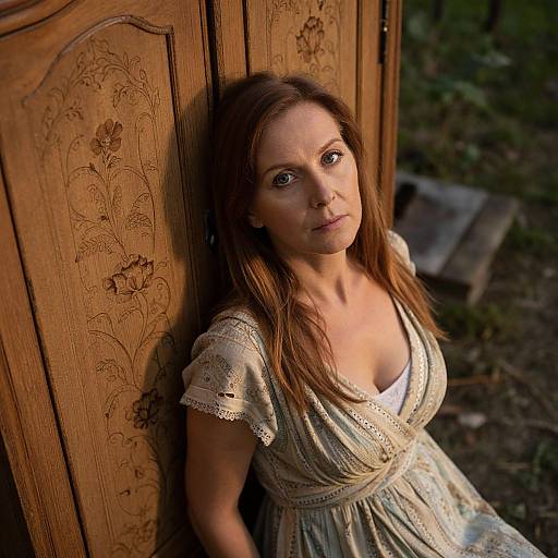 Photograph of a sad, light-skinned woman with brown hair leaning against a wooden door with floral carvings, wearing a beige lace dress,