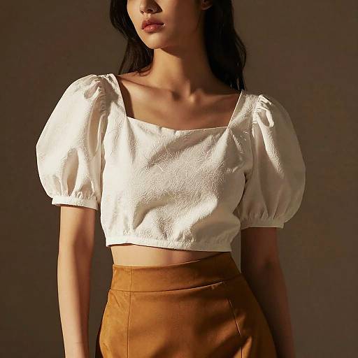 Photograph of an Asian woman with long black hair, wearing a white puffed-sleeve crop top and high-waisted brown skirt, illuminated