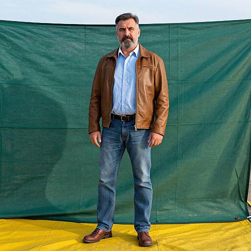 Photograph of a bearded middle-aged man with short dark hair, wearing a brown leather jacket, blue shirt, and jeans, standing against a green