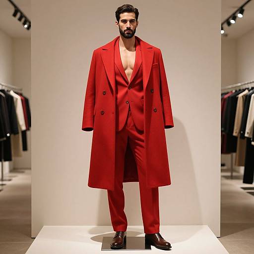 Photograph of a bearded man with dark hair wearing a bold, red double-breasted overcoat, unbuttoned to reveal a bare chest,