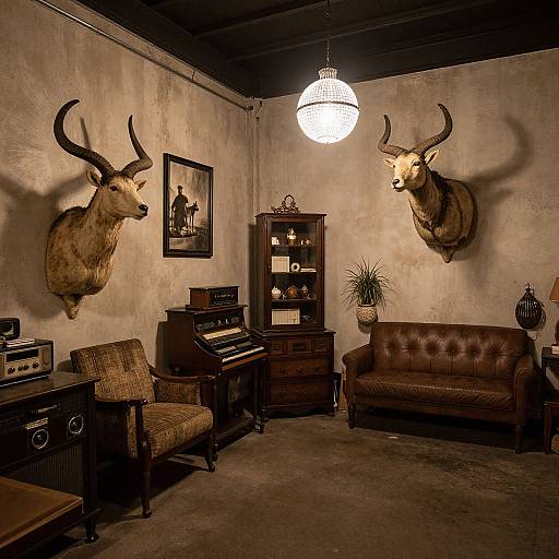 Photograph of a rustic room with two mounted elk heads on walls, vintage furniture, wooden cabinet, lamp, and chandelier.