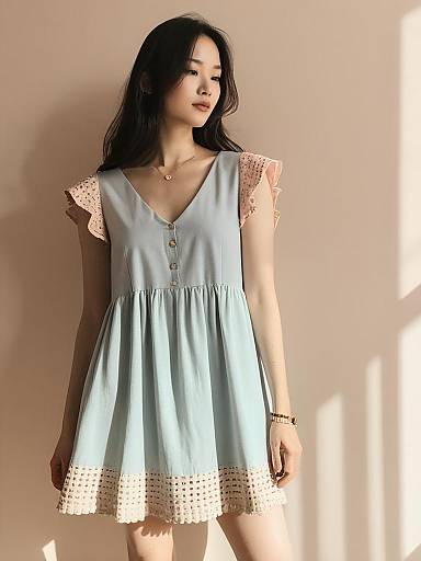 Asian Woman in Light Blue A-line Dress with Crochet Detail