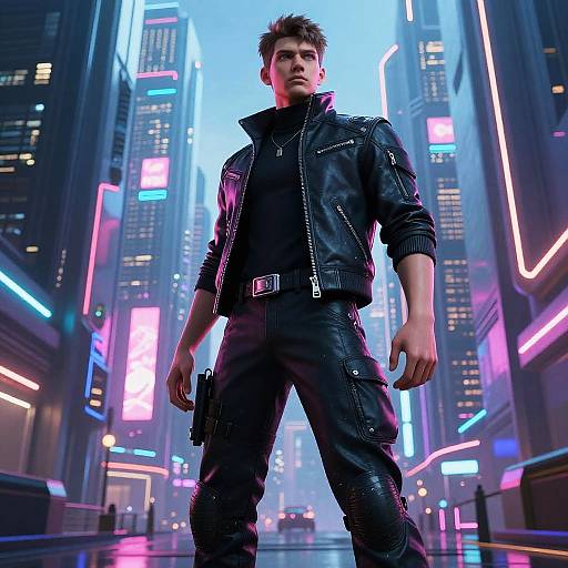 Cyberpunk cityscape photograph of a muscular man with short brown hair, wearing a black leather jacket and pants, holding a gun, standing confidently amid