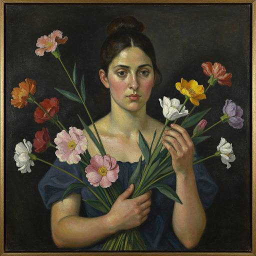 Oil painting of a young woman with fair skin and dark hair in a bun, wearing a blue off-shoulder dress, holding a bouquet of colorful