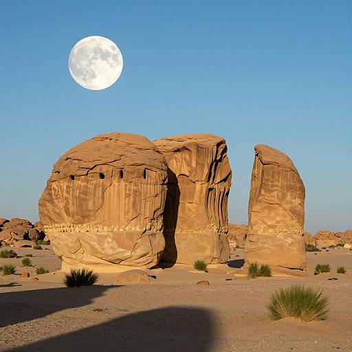 Photograph of desert moonlit scene with large, jagged sandstone formations under a bright full moon, clear blue sky, sparse desert vegetation, and
