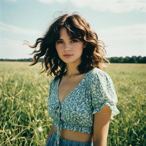 Young Woman with Wavy Shag Hairstyle in Field