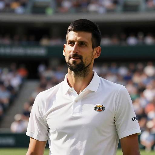 Photograph of a handsome, bearded male tennis player with short dark hair, wearing a white polo shirt with a logo, standing on a sunlit