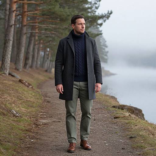 Photograph of a bearded man in a dark coat, navy sweater, green pants, and brown shoes standing on a forest path beside a misty