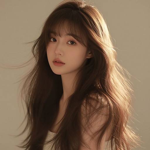 Photorealistic CGI of an East Asian woman with long, flowing brown hair, soft light illuminating her face, neutral expression, light gray background.