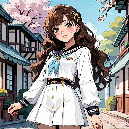 Anime-style digital drawing of a young girl with long brown hair, wearing a white sailor uniform with blue necktie, standing in a sunny, cherry blossom