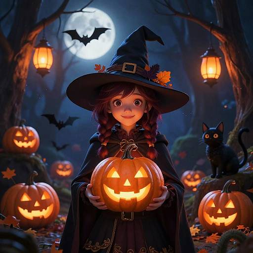 Whimsical Halloween Witch in Moonlit Forest