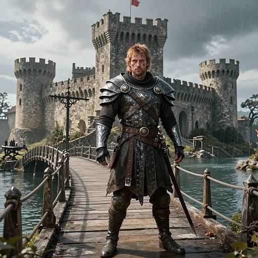 Photorealistic CGI: Bearded warrior in medieval armor stands on wooden bridge leading to imposing stone castle, rain falling, cloudy sky.