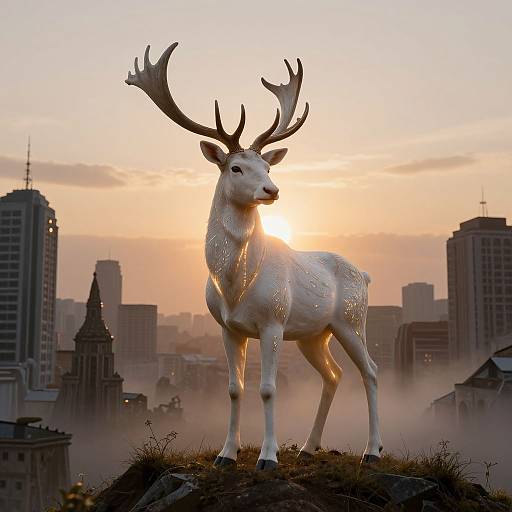 Photograph of a white, sculpted deer with large antlers, standing on a rocky hill at sunrise, with a city skyline in the background.