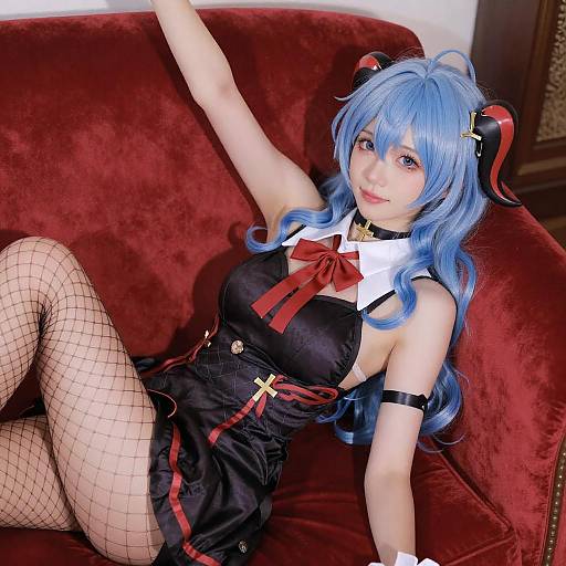Young Woman in Blue Hair Cosplay