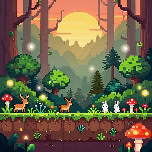 Pixel art forest sunset with colorful animals, mushrooms, glowing lights, and a bright yellow sun behind tall trees. Vibrant, whimsical scene.