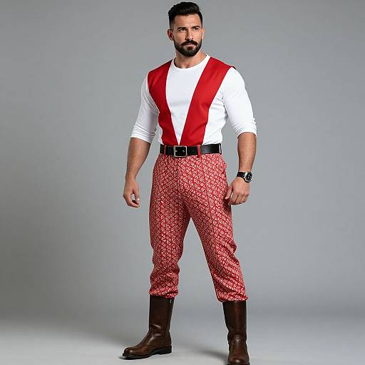 Photograph of a bearded man with short dark hair, wearing a white shirt, red suspenders, patterned red pants, black belt, brown