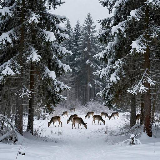 Serene Snowy Forest with Grazing Deer