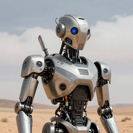 Photograph of a sleek, silver robotic humanoid with blue eyes, standing in a desert with a cloudy sky background.