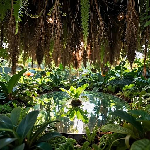 Photograph of a lush, tropical greenhouse with hanging vines, vibrant green plants, large leaves, and a reflective water surface.