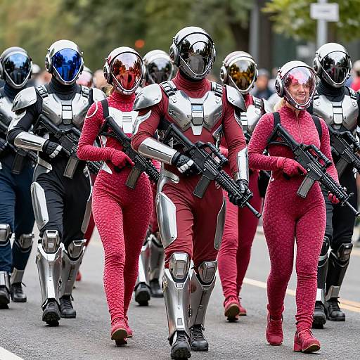 Photograph of a parade featuring six armored soldiers in red and black suits, reflective helmets, and holding rifles, marching on a street with trees in the