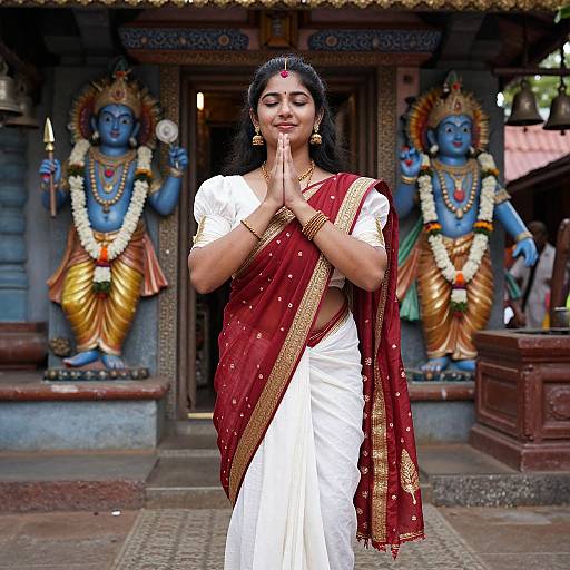 Photograph of an Indian woman with dark hair, wearing a red and white sari, praying with hands together in front of blue Ganesha statues