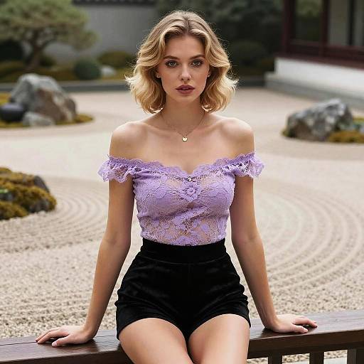 Blonde woman with wavy hair, wearing lavender lace off-shoulder top and black shorts, sits on bench in serene Japanese garden. Photograph.