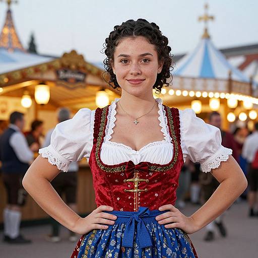 Photograph of a curly-haired woman in traditional Bavarian dirndl, red velvet bodice, white puffed sleeves, blue skirt, hands on hips