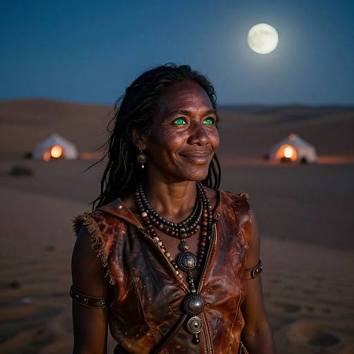 Photograph of a smiling indigenous woman with green eyes, wearing traditional brown leather attire and black beaded necklaces, under a full moon in a desert