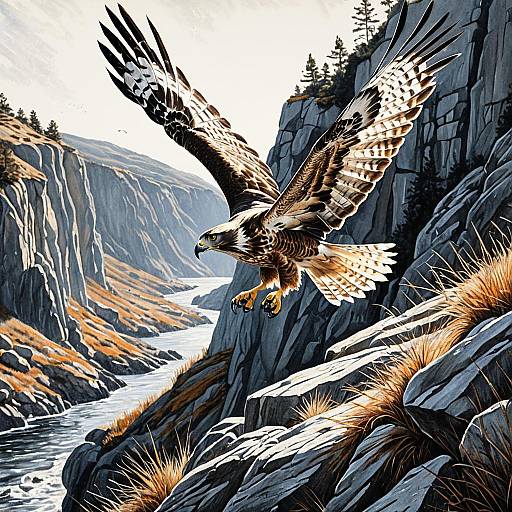 Soaring Hawk Diving Over Rocky Cliff