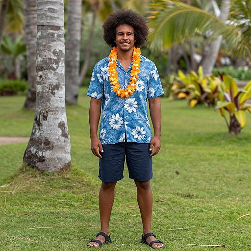 Photograph of a smiling Black man with an afro, wearing a blue floral shirt, black shorts, orange lei, and black sandals, standing on