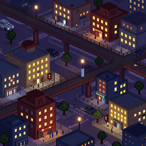 Pixel art night scene of a bustling city with glowing yellow-lit buildings, a raised highway, pedestrians, and streetlights.