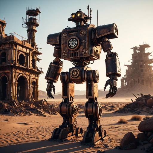 Colossal Steampunk Automaton in Post-Apocalyptic Desert Ruins