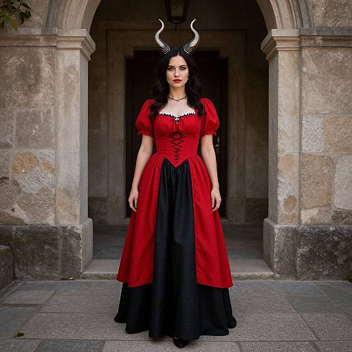 Photograph of a woman with pale skin and dark hair, wearing a red and black corset dress, black horned headpiece, standing in front