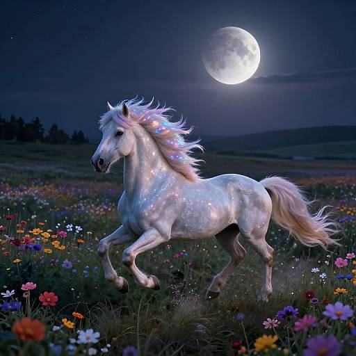 Digital art: A glowing white horse with shimmering fur gallops under a full moon, surrounded by colorful wildflowers in a dark, starry me