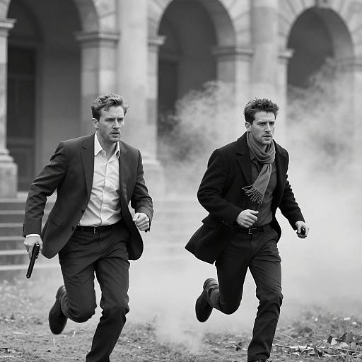 Men Running from Smoky Building