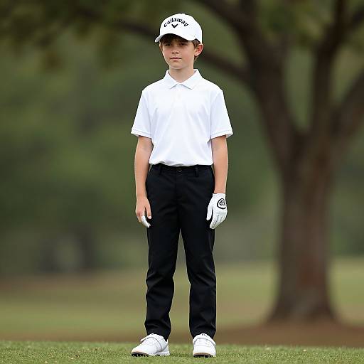 Photograph of a young boy golfer standing on a green, wearing a white shirt, black pants, white cap, gloves, and shoes. Bl