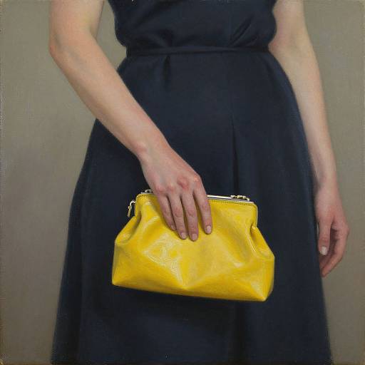 Photograph of a woman's torso in a black dress, holding a bright yellow, glossy, rectangular clutch bag with a zipper.