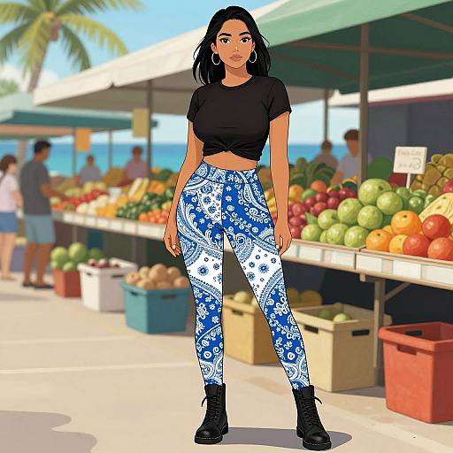 Digital illustration of a young woman with medium skin tone, black hair, wearing a black crop top and blue patterned leggings, standing at a sunny outdoor