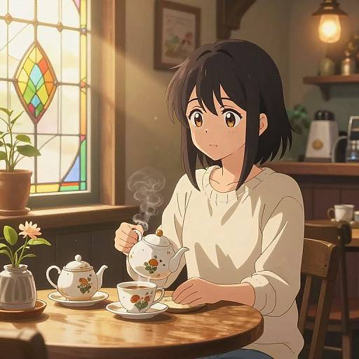 Anime-style drawing of a black-haired girl with large brown eyes, wearing a white sweater, pouring tea in a sunlit café.