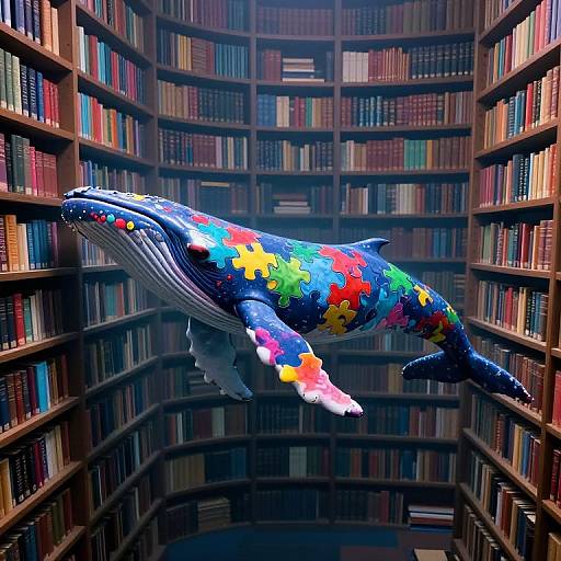 Colorful, mosaic-decorated whale sculpture flying through a towering, book-filled library with dark wooden shelves and colorful books. Vibrant, surreal art