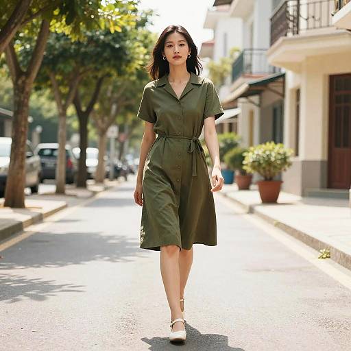 Photograph of an Asian woman with straight black hair, wearing an olive green, short-sleeved, belted dress, and white flats, walking