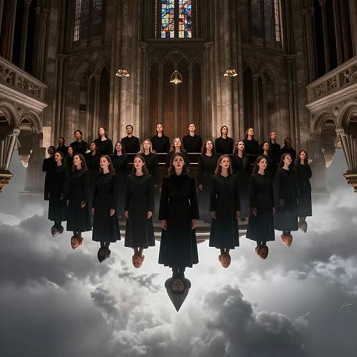 Photograph of 22 solemn, black-robed women floating above a cloudy sky inside a gothic cathedral, illuminated by a stained glass window.