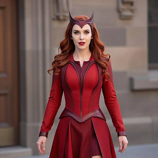 Photorealistic CGI of a red-haired woman in a red, medieval-style dress and headpiece, standing in front of a stone building.