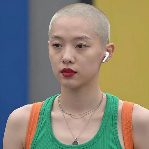 Person with Shaved Head Wearing Green Tank Top and Earbuds