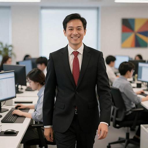 Smiling Executive in Bustling Office
