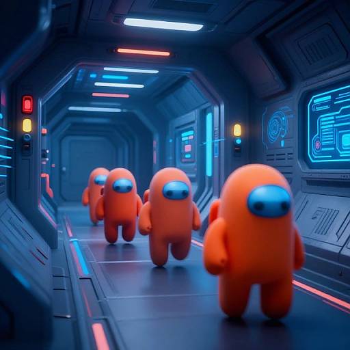 Digital artwork: Five vibrant orange, round, cartoonish aliens with blue eyes walk down a futuristic, neon-lit, blue and gray corridor.